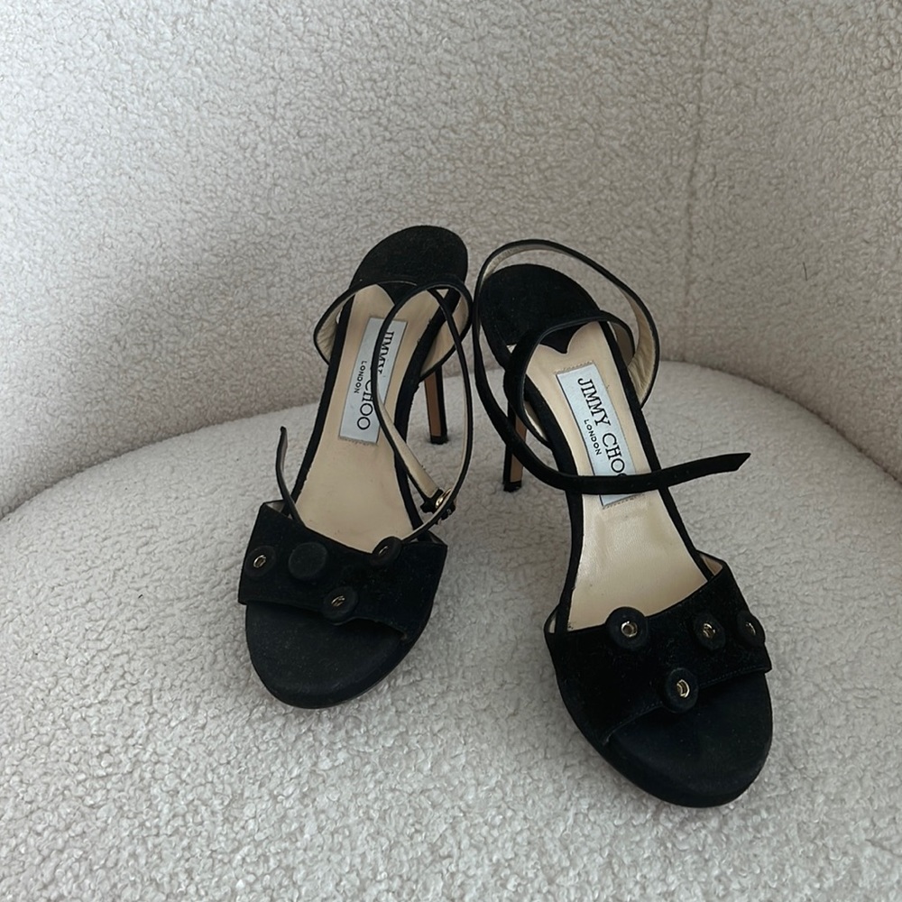 Jimmy Choo ankle strap black suede heels sz 36